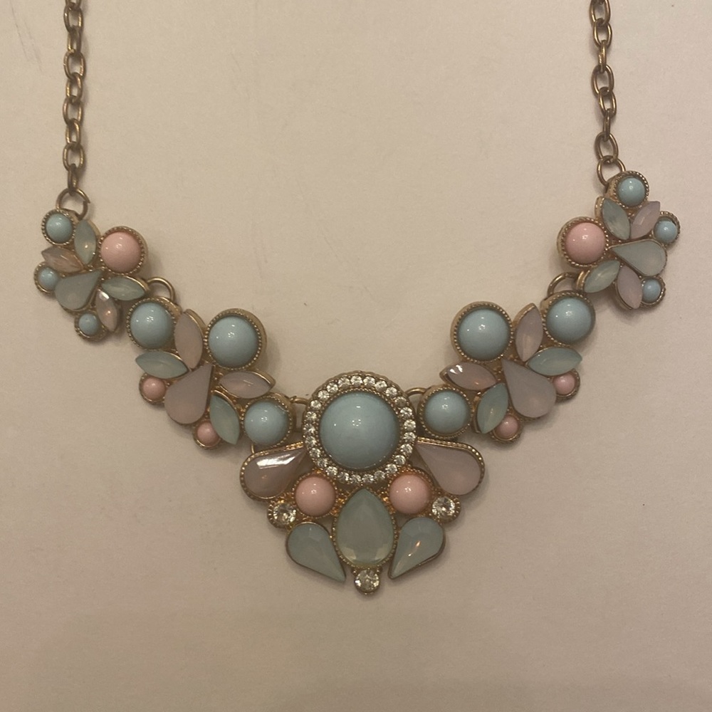 VTG Style Pastel Blue Pink Statement Necklace Antiqued Brass Tone Faux Opal Bib